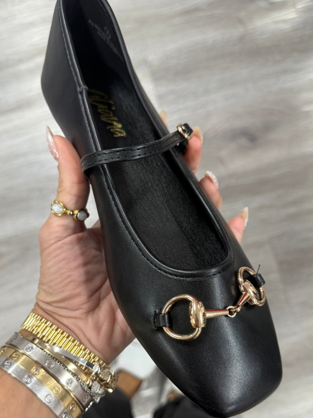 Liliana Bit M Buckle Black Mary Jane Flat with Gold Horsebit Accent Size 8.5
